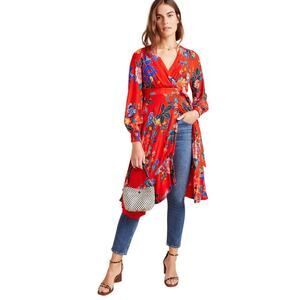 by Anthropologie Boswell Textured Wrap Tunic Red Floral Dress Sizze 4